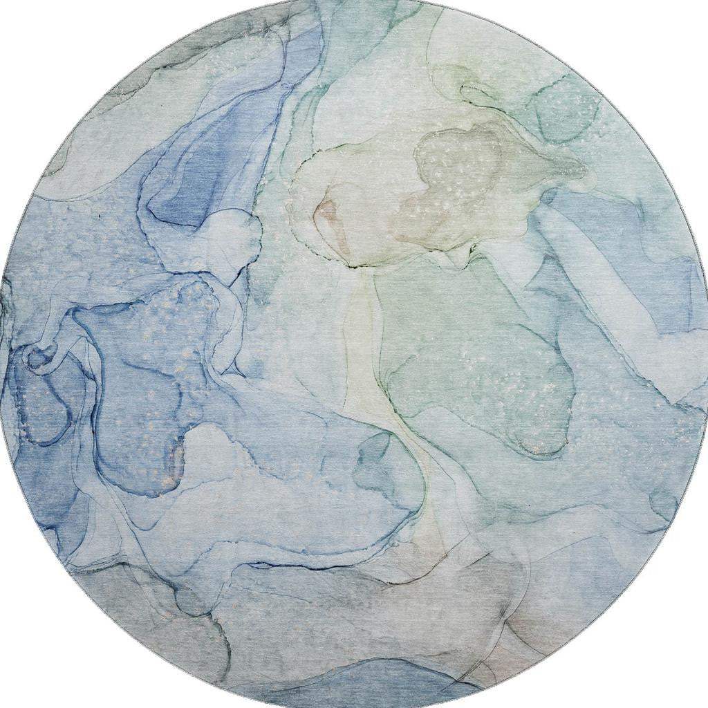 8' Blue And Ivory Abstract Washable Round Rug With UV Protection - HomeRoots - Flyclothing LLC