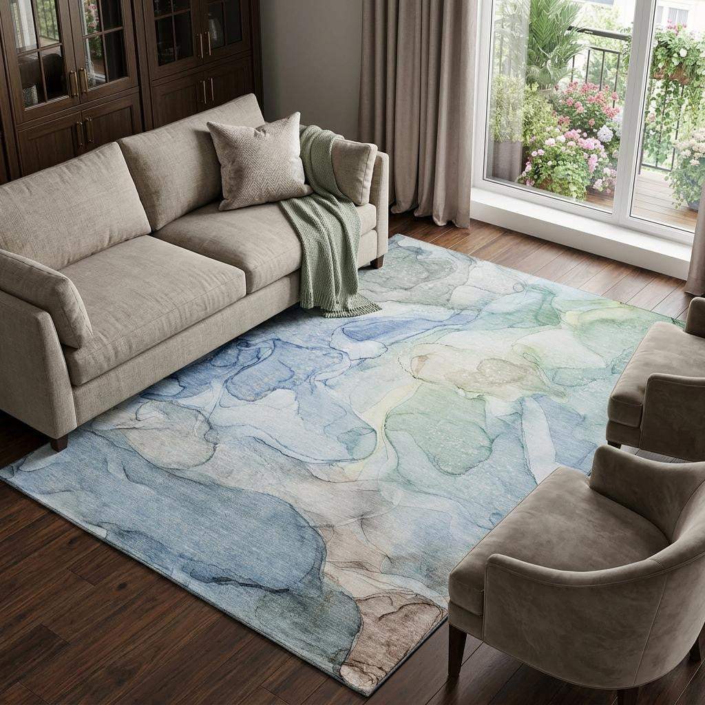 9' X 12' Blue And Ivory Abstract Washable Area Rug With UV Protection - HomeRoots - Flyclothing LLC