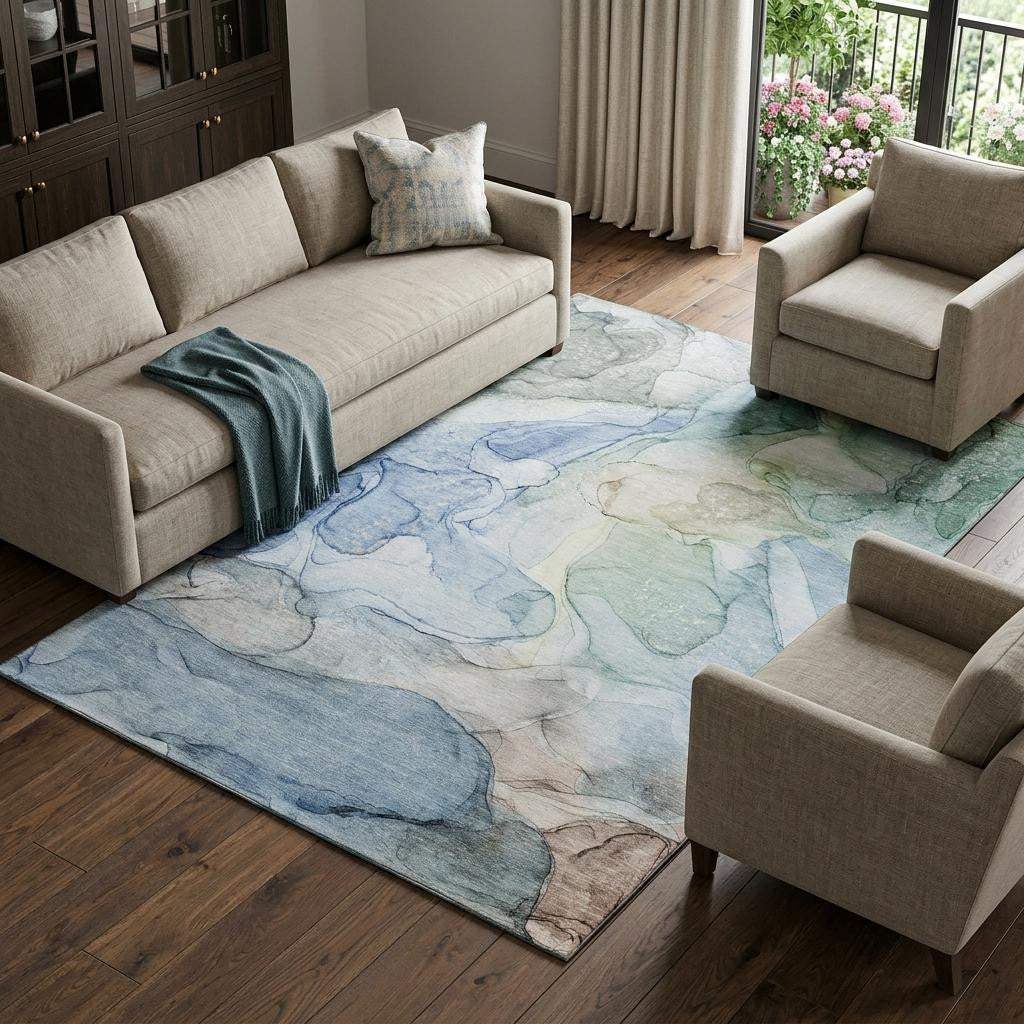 10' X 14' Blue And Ivory Abstract Washable Area Rug With UV Protection - HomeRoots - Flyclothing LLC