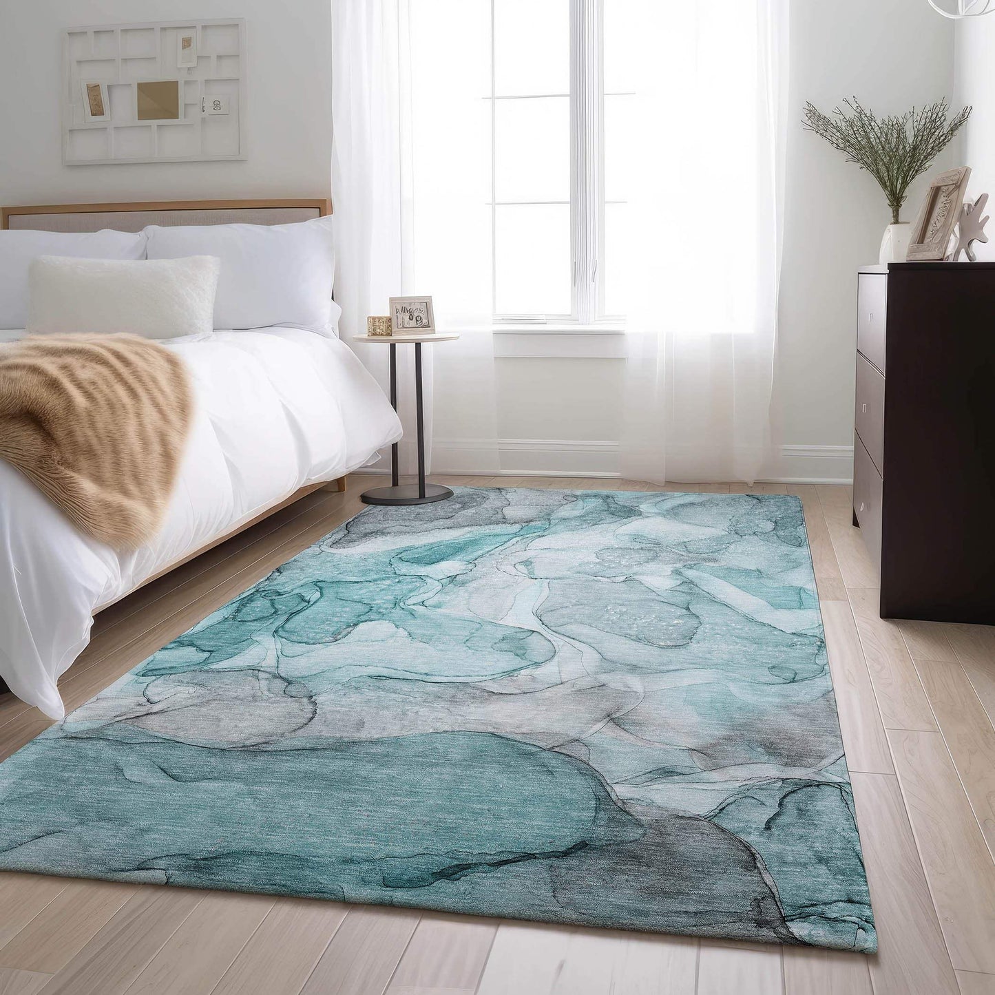 3' X 5' Teal And Ivory Abstract Washable Area Rug With UV Protection - HomeRoots - Flyclothing LLC