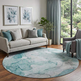 8' Teal And Ivory Abstract Washable Round Rug With UV Protection - HomeRoots - Flyclothing LLC