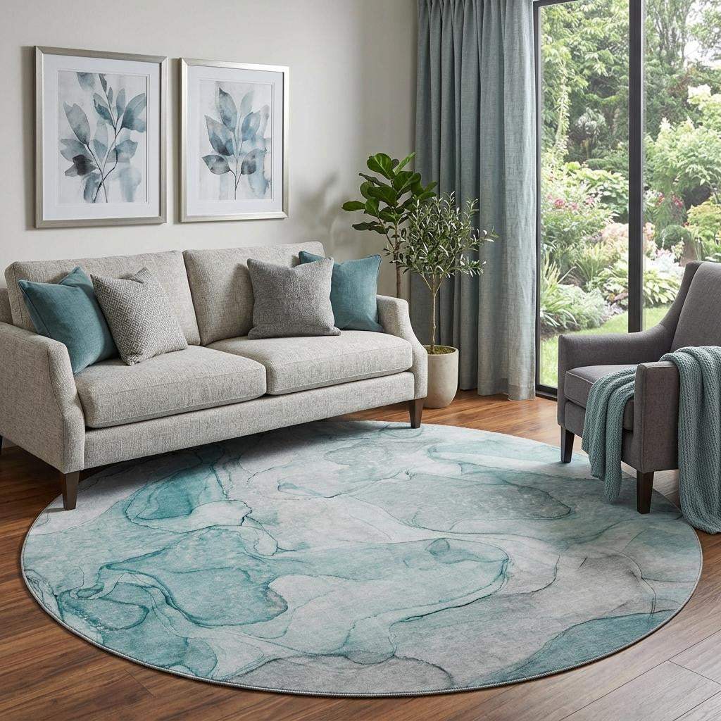 8' Teal And Ivory Abstract Washable Round Rug With UV Protection - HomeRoots - Flyclothing LLC