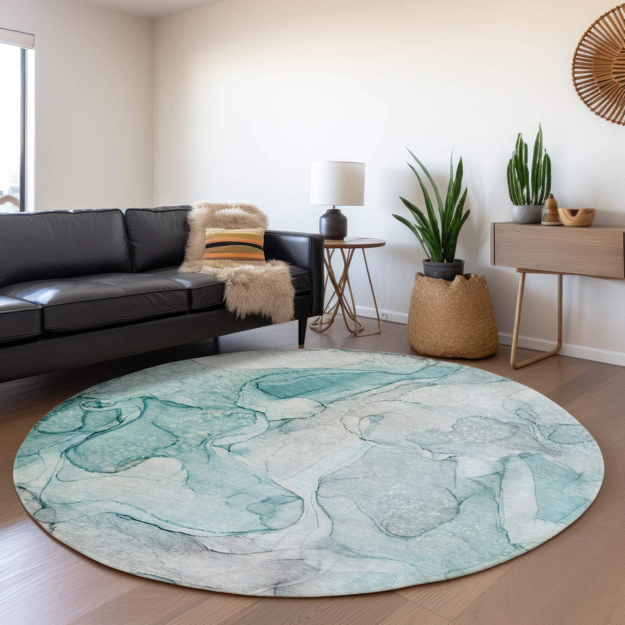 8' Teal And Ivory Abstract Washable Round Rug With UV Protection - HomeRoots - Flyclothing LLC