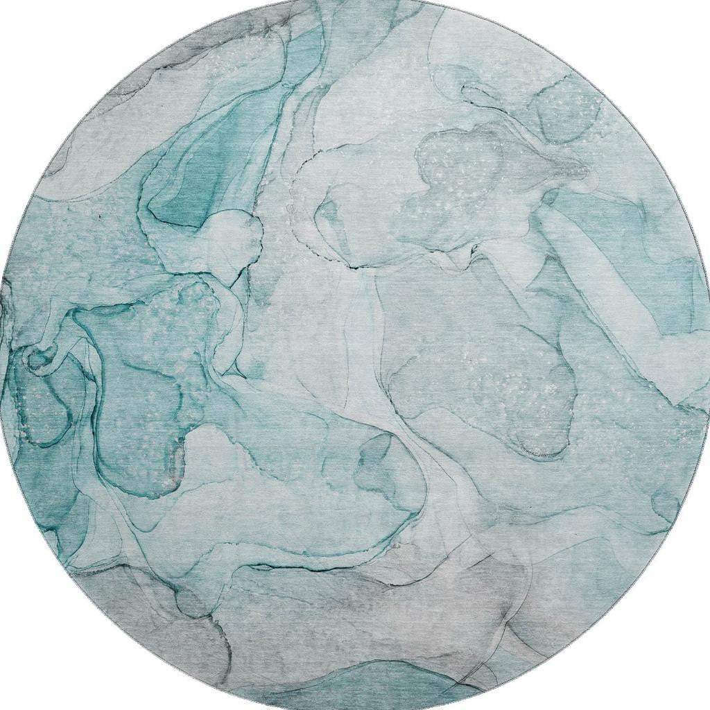 8' Teal And Ivory Abstract Washable Round Rug With UV Protection - HomeRoots - Flyclothing LLC
