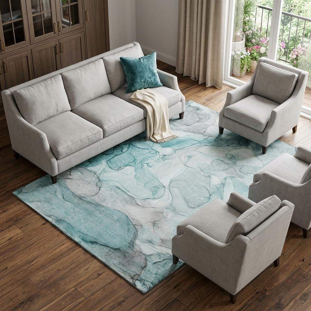 10' X 14' Teal And Ivory Abstract Washable Area Rug With UV Protection - HomeRoots - Flyclothing LLC