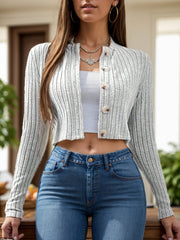 Button Up Round Neck Long Sleeve Cardigan - Trendsi