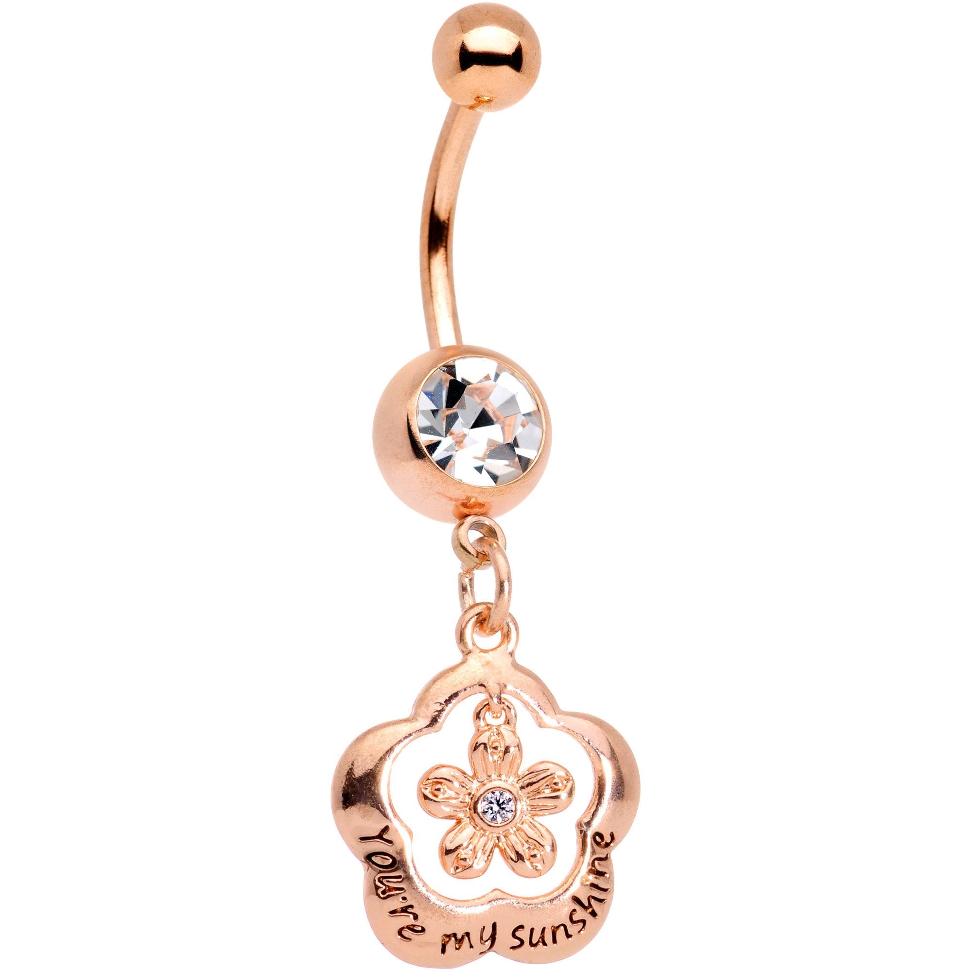 Clear Gem Rose Gold Tone Youre My Sunshine Flower Dangle Belly Ring - BodyCandy - Flyclothing LLC