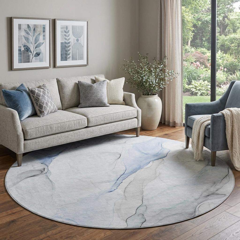 8' Blue And Ivory Abstract Washable Round Rug With UV Protection - HomeRoots - Flyclothing LLC
