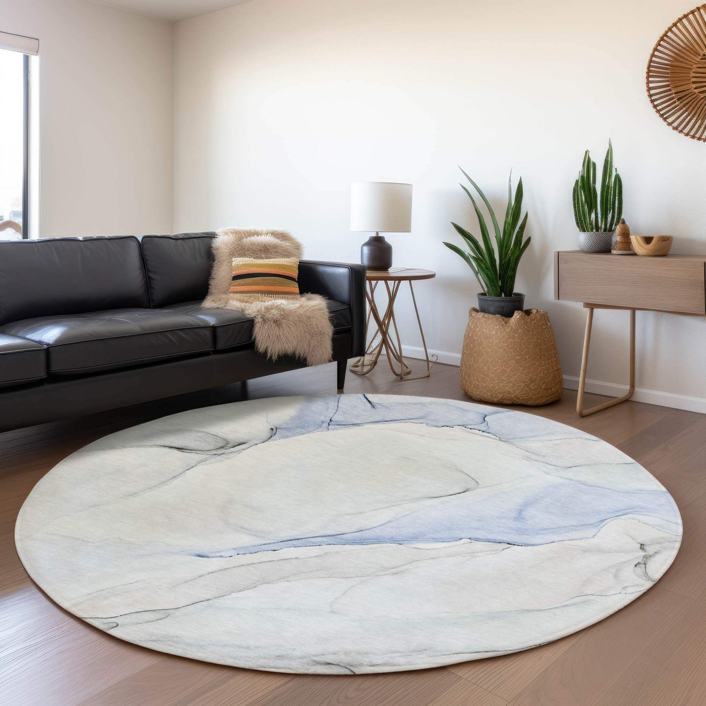 8' Blue And Ivory Abstract Washable Round Rug With UV Protection - HomeRoots - Flyclothing LLC