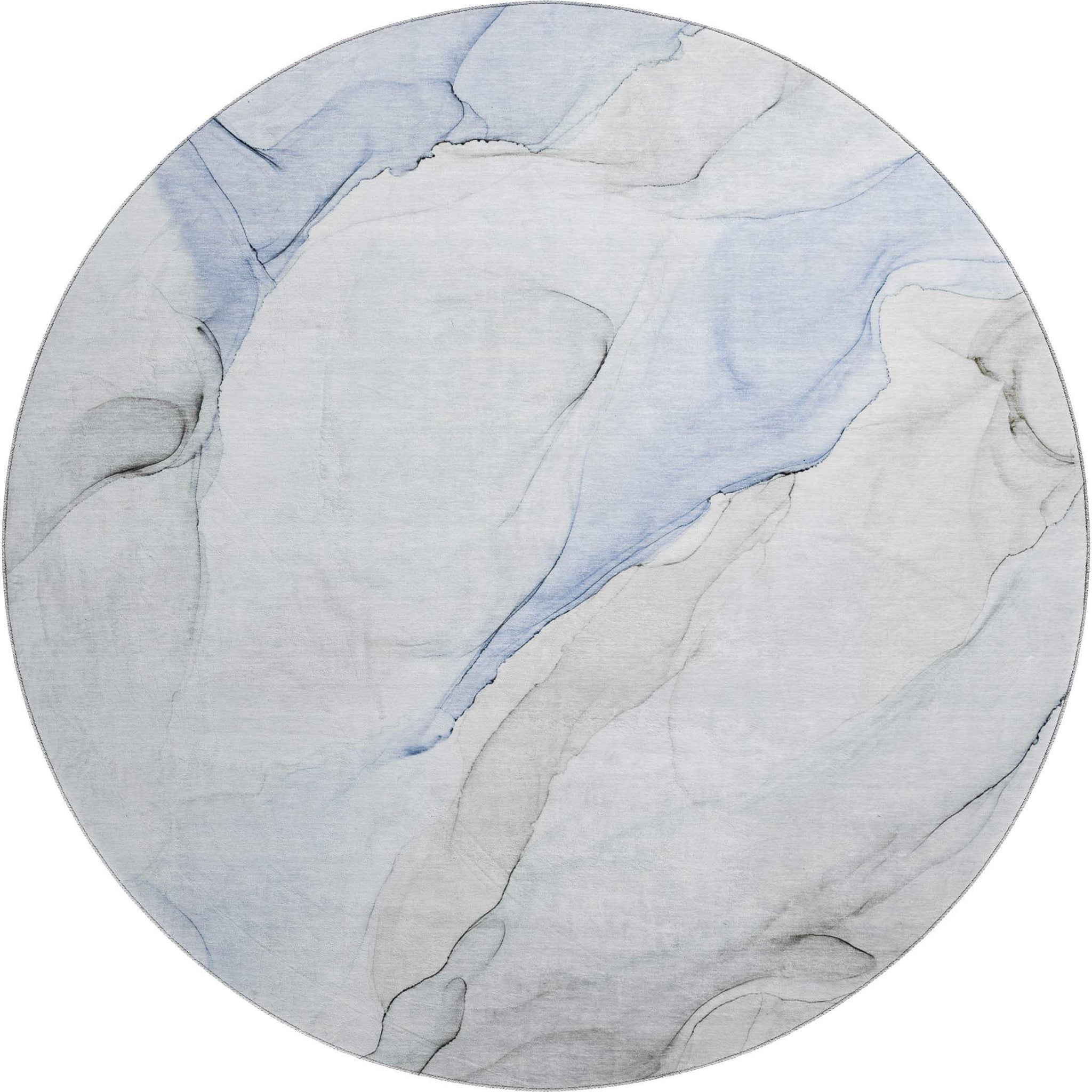 8' Blue And Ivory Abstract Washable Round Rug With UV Protection - HomeRoots - Flyclothing LLC