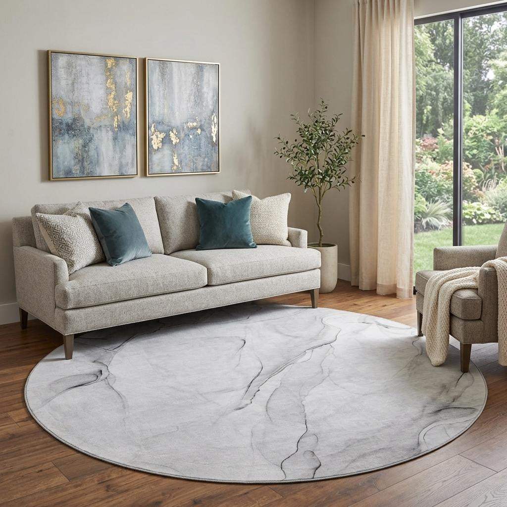 8' Gray And Ivory Abstract Washable Round Rug With UV Protection - HomeRoots - Flyclothing LLC