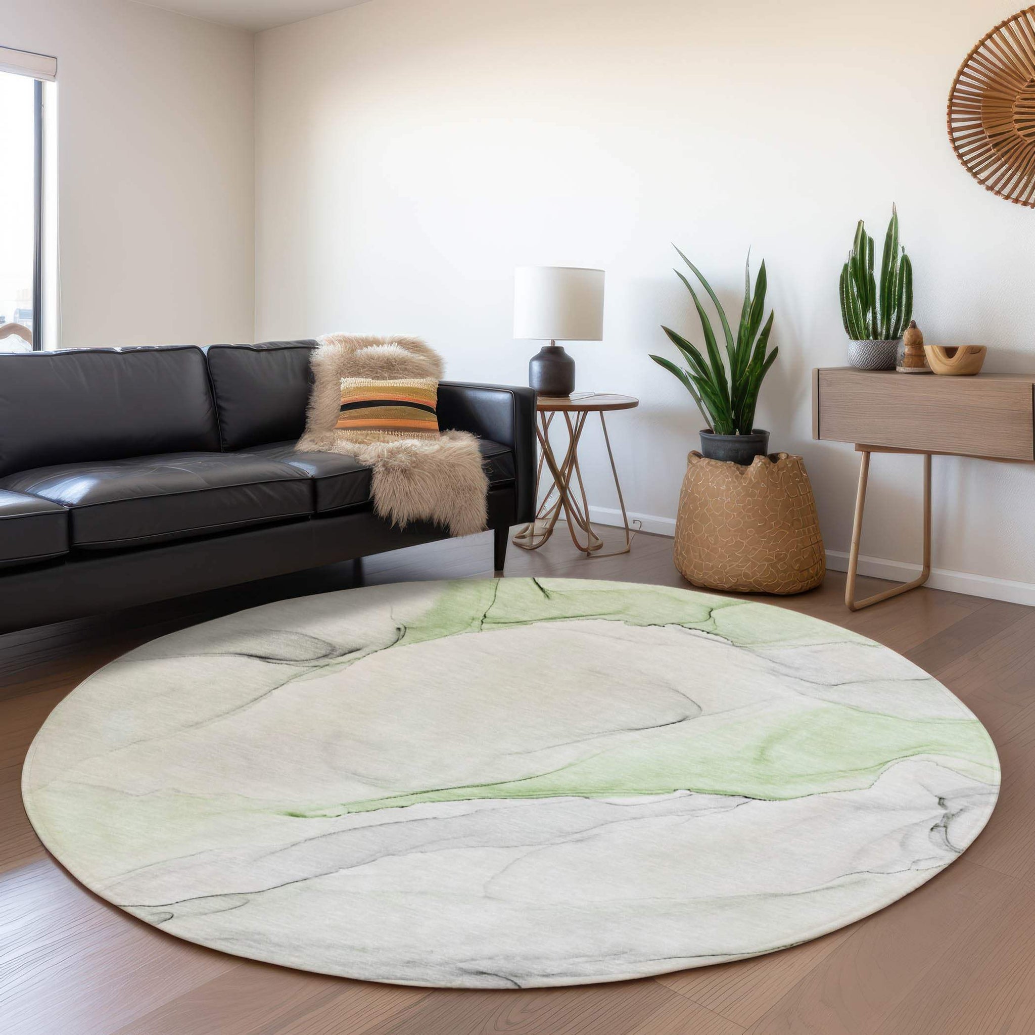 8' Green And Ivory Abstract Washable Round Rug With UV Protection - HomeRoots - Flyclothing LLC
