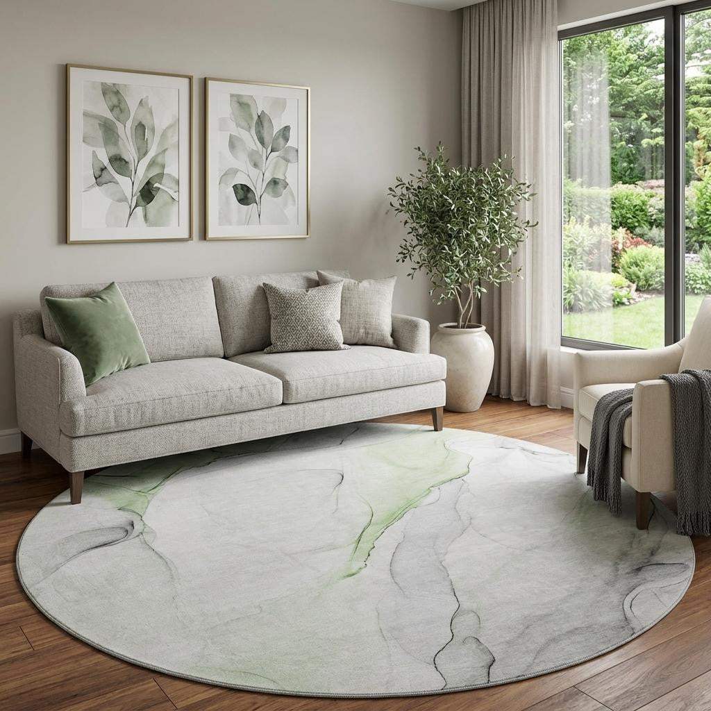 8' Green And Ivory Abstract Washable Round Rug With UV Protection - HomeRoots - Flyclothing LLC