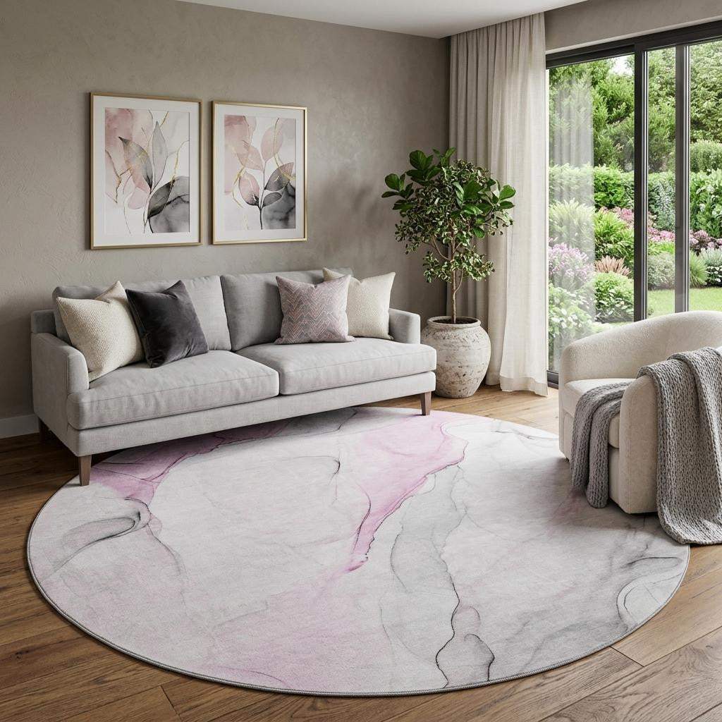 8' Pink And Ivory Abstract Washable Round Rug With UV Protection - HomeRoots - Flyclothing LLC