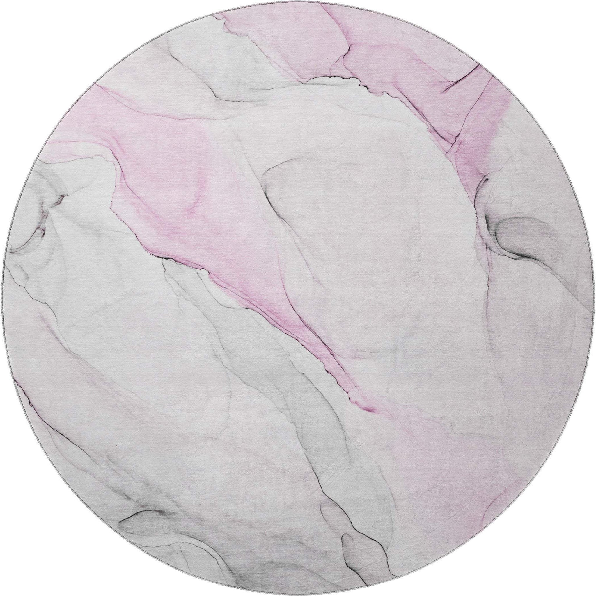8' Pink And Ivory Abstract Washable Round Rug With UV Protection - HomeRoots - Flyclothing LLC