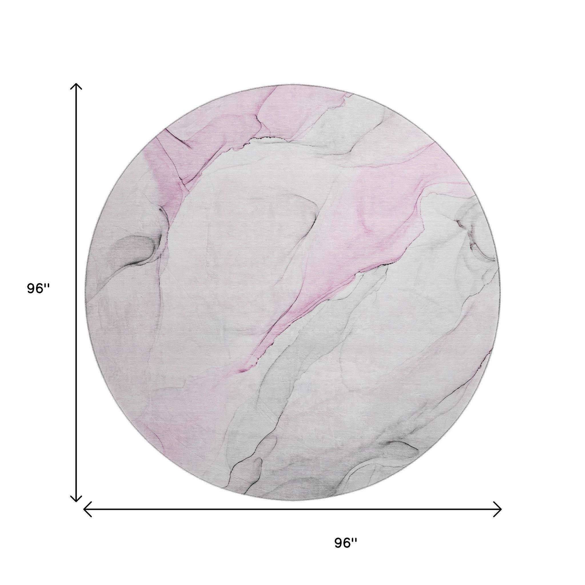 8' Pink And Ivory Abstract Washable Round Rug With UV Protection - HomeRoots - Flyclothing LLC