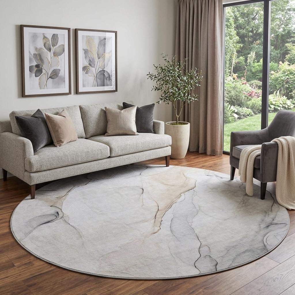 8' Ivory And Beige Abstract Washable Round Rug With UV Protection - HomeRoots - Flyclothing LLC