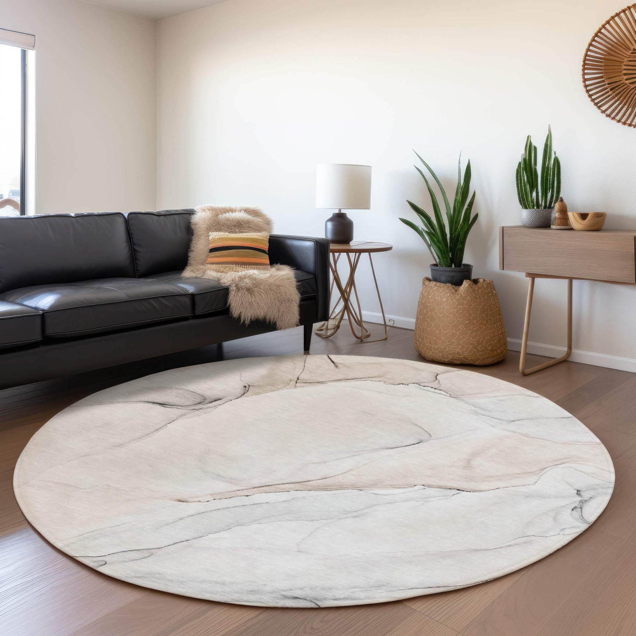 8' Ivory And Beige Abstract Washable Round Rug With UV Protection - HomeRoots - Flyclothing LLC
