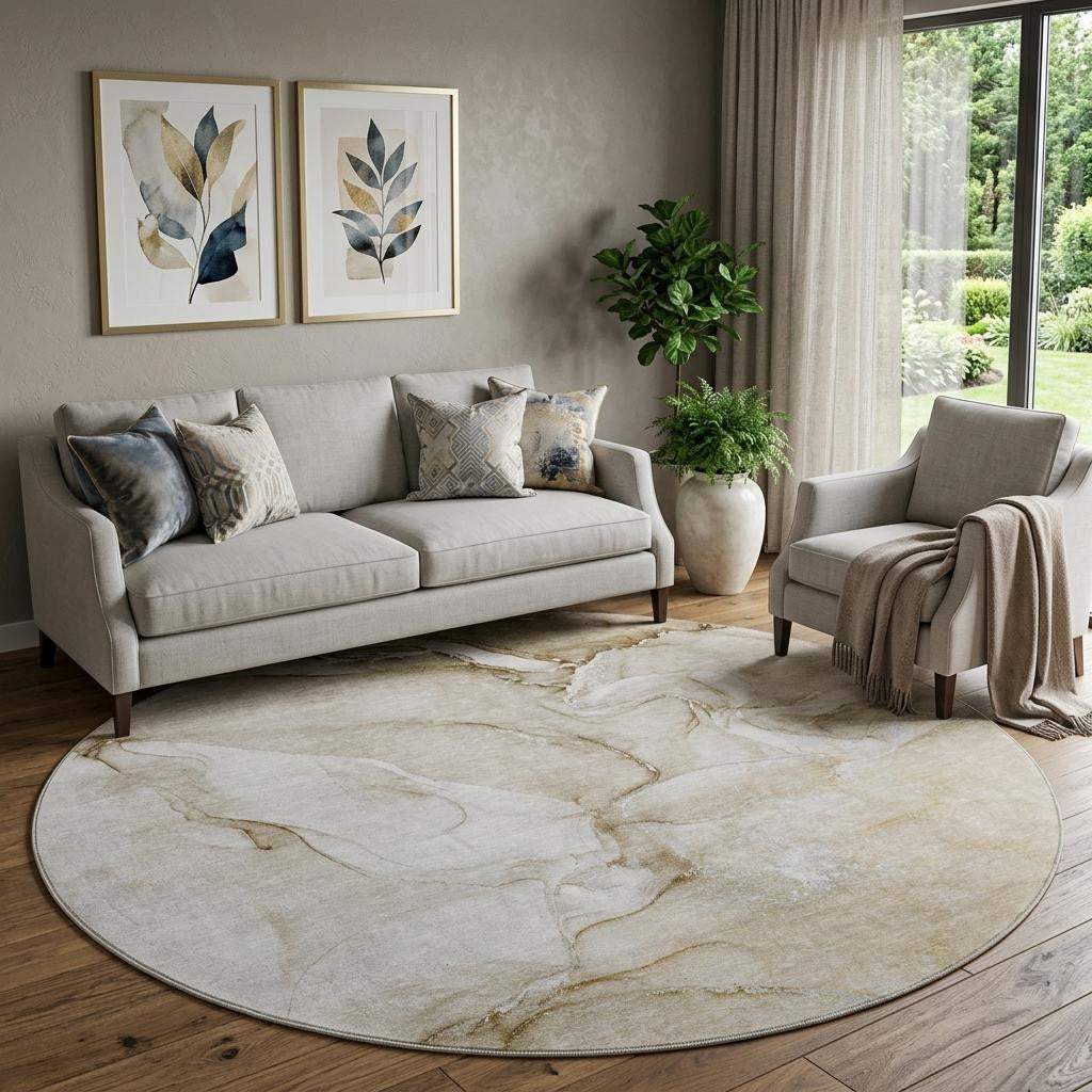 8' Brown And Ivory Abstract Washable Round Rug With UV Protection - HomeRoots - Flyclothing LLC
