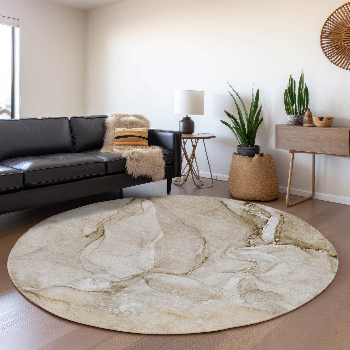 8' Brown And Ivory Abstract Washable Round Rug With UV Protection - HomeRoots - Flyclothing LLC