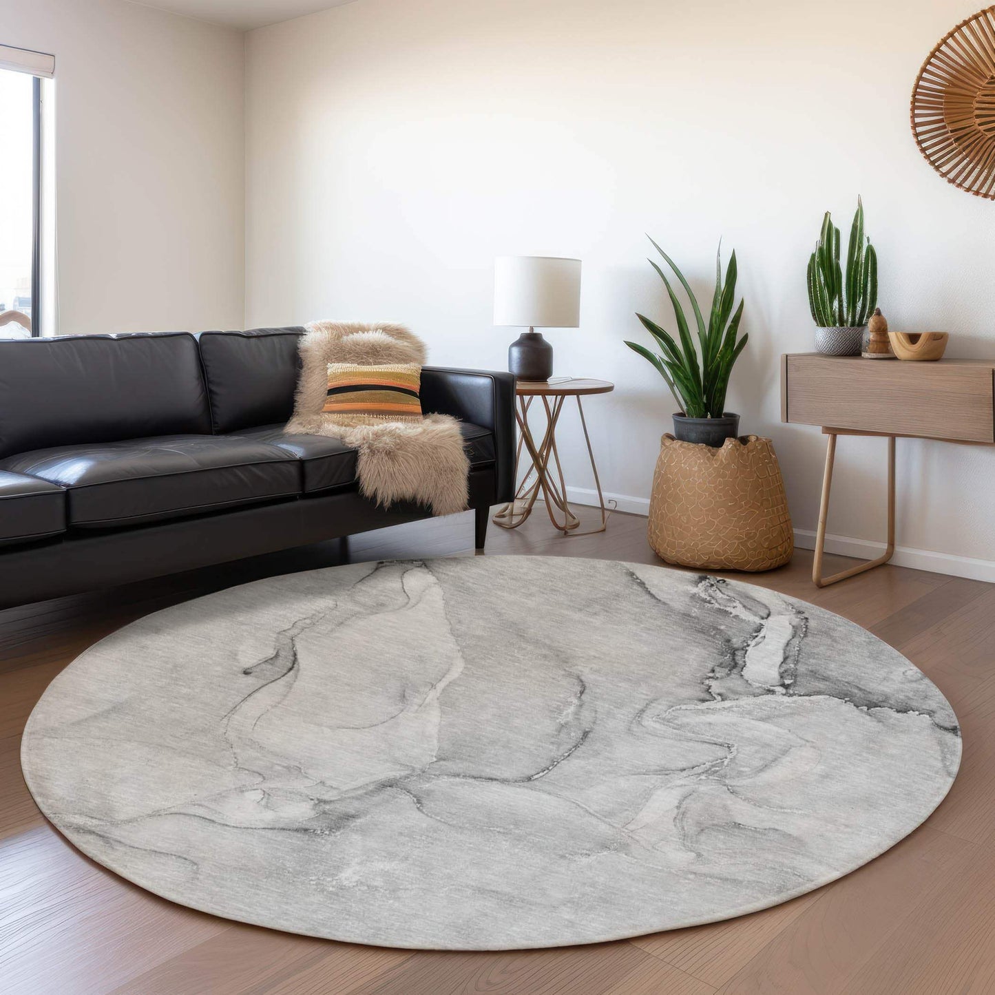 8' Gray And Ivory Abstract Washable Round Rug With UV Protection - HomeRoots - Flyclothing LLC