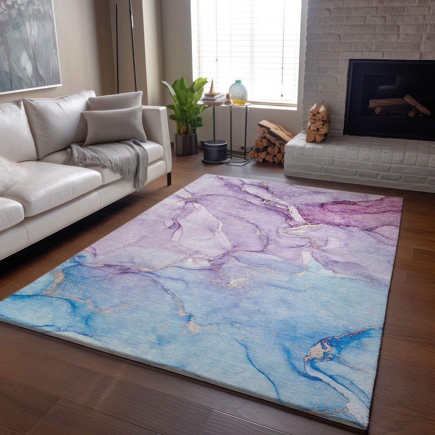 3' X 5' Purple Blue And Ivory Abstract Washable Area Rug With UV Protection - HomeRoots - Flyclothing LLC