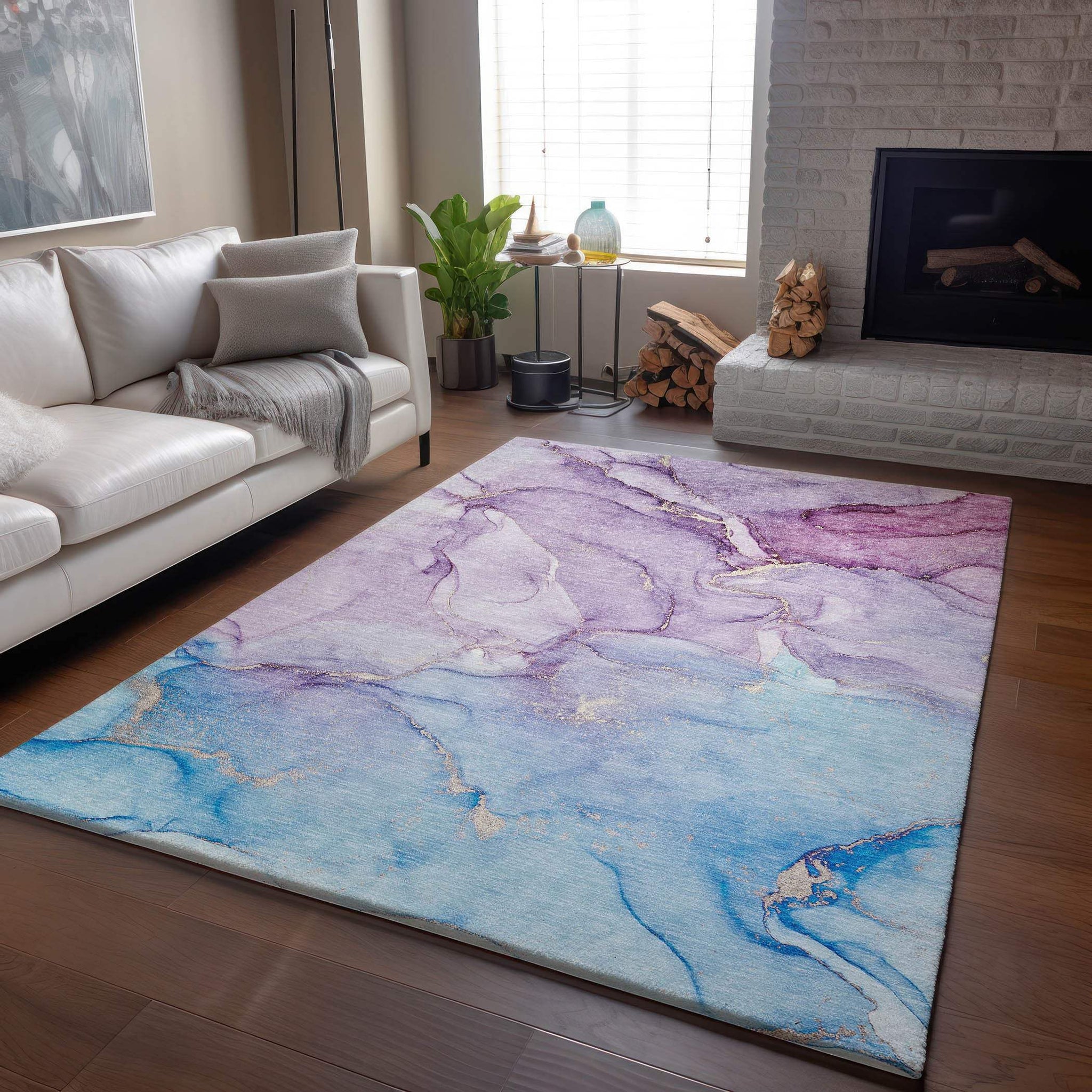 3' X 5' Purple Blue And Ivory Abstract Washable Area Rug With UV Protection - HomeRoots - Flyclothing LLC