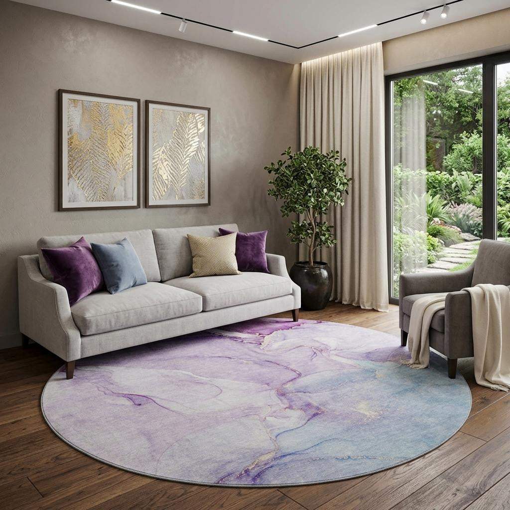 8' Purple Blue And Ivory Abstract Washable Round Rug With UV Protection - HomeRoots - Flyclothing LLC