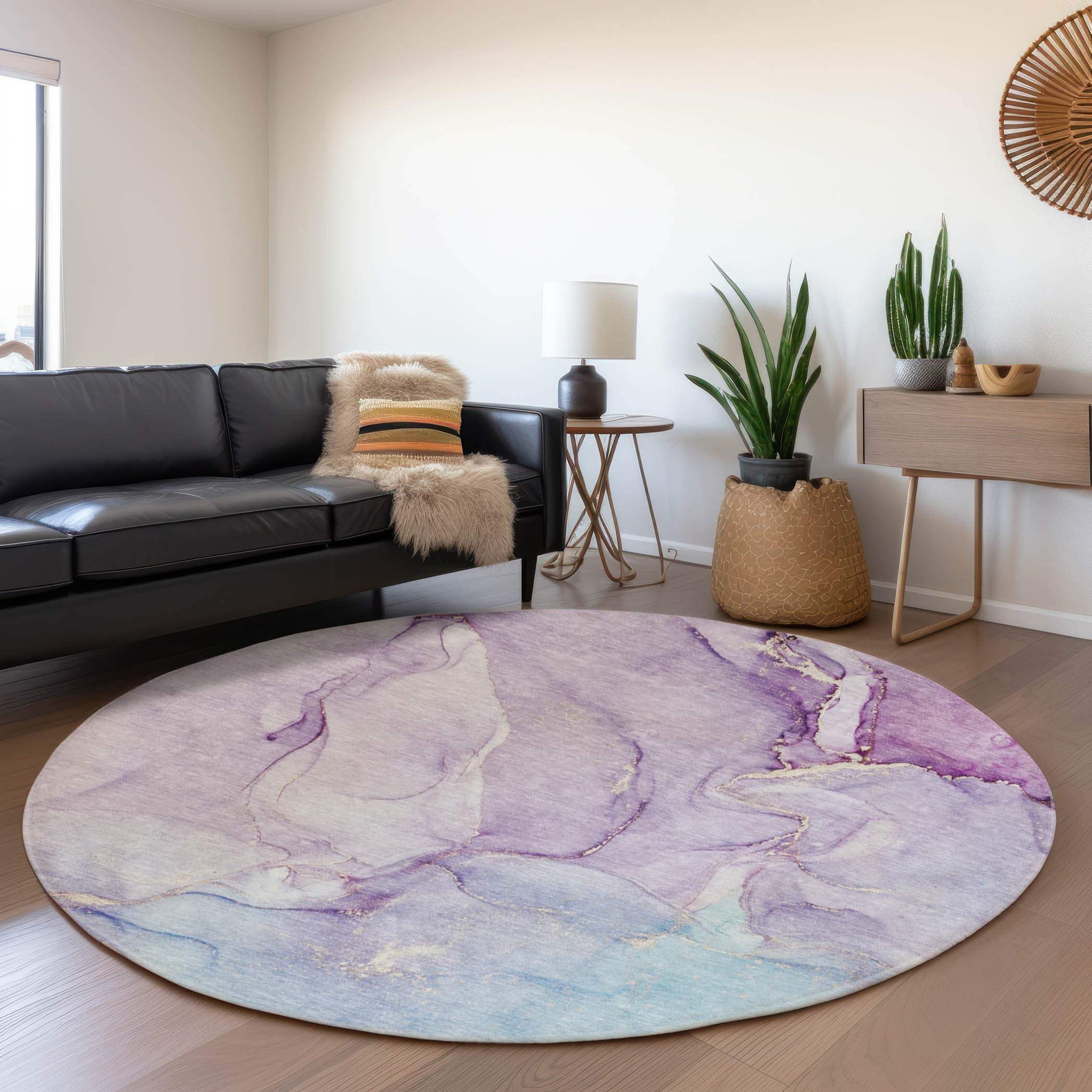 8' Purple Blue And Ivory Abstract Washable Round Rug With UV Protection - HomeRoots - Flyclothing LLC