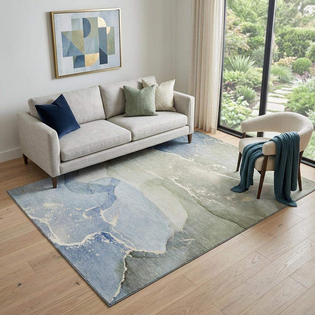 5' X 8' Blue Gray And Ivory Abstract Washable Area Rug With UV Protection - HomeRoots - Flyclothing LLC