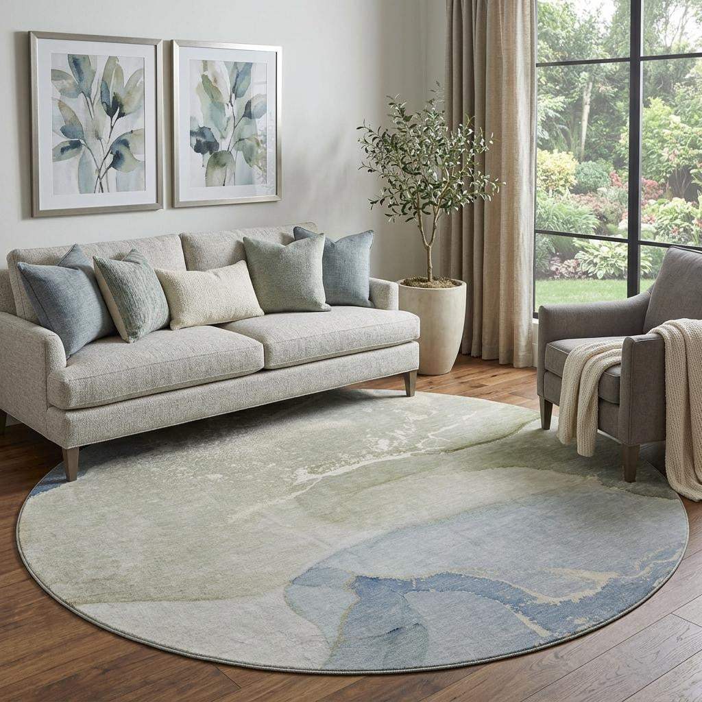 8' Blue Gray And Ivory Abstract Washable Round Rug With UV Protection - HomeRoots - Flyclothing LLC