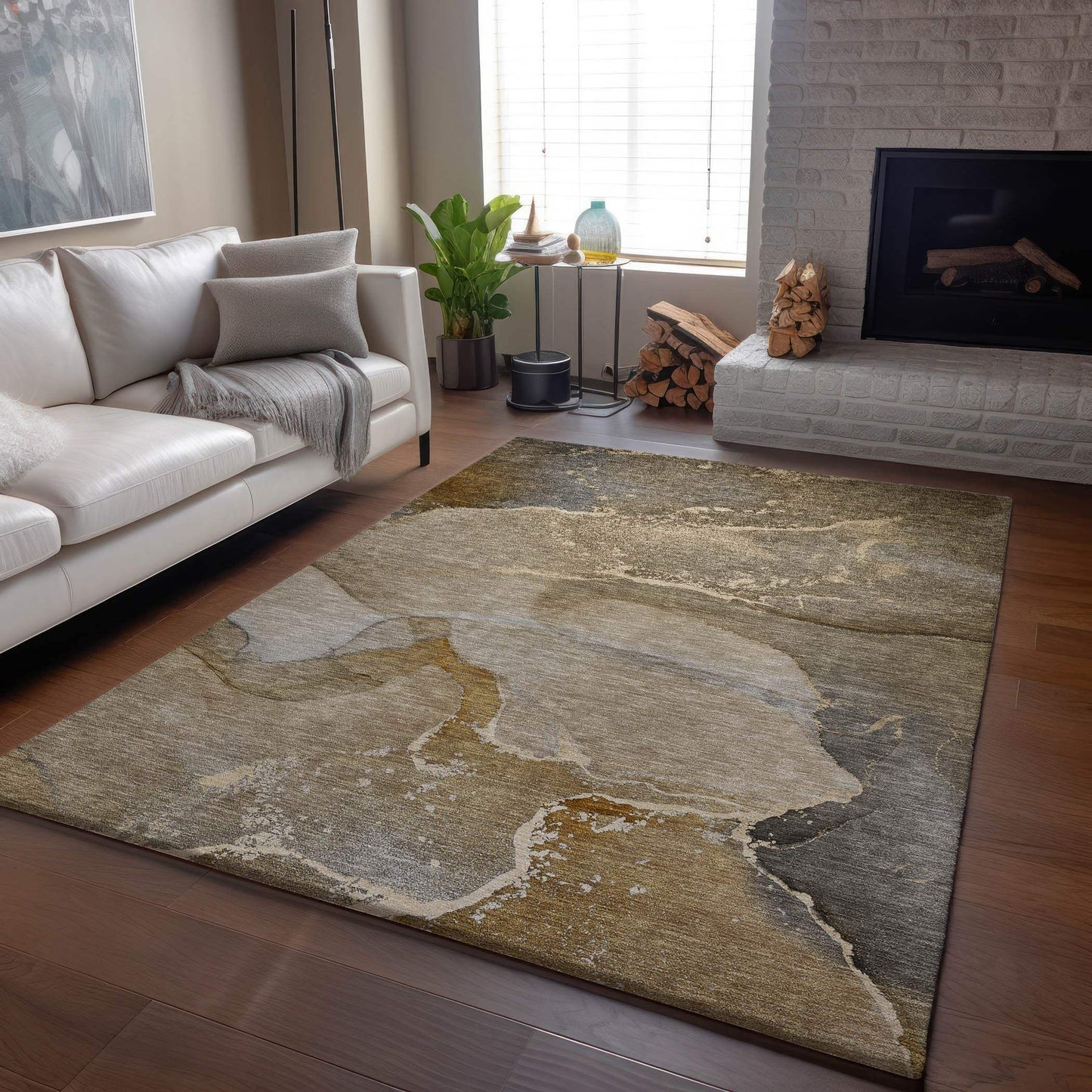 3' X 5' Brown Gray And Ivory Abstract Washable Area Rug With UV Protection - HomeRoots - Flyclothing LLC