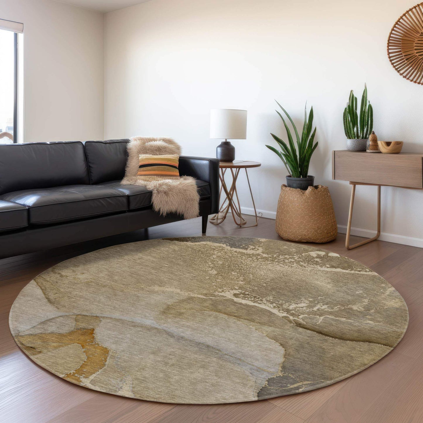 8' Brown Gray And Ivory Abstract Washable Round Rug With UV Protection - HomeRoots - Flyclothing LLC