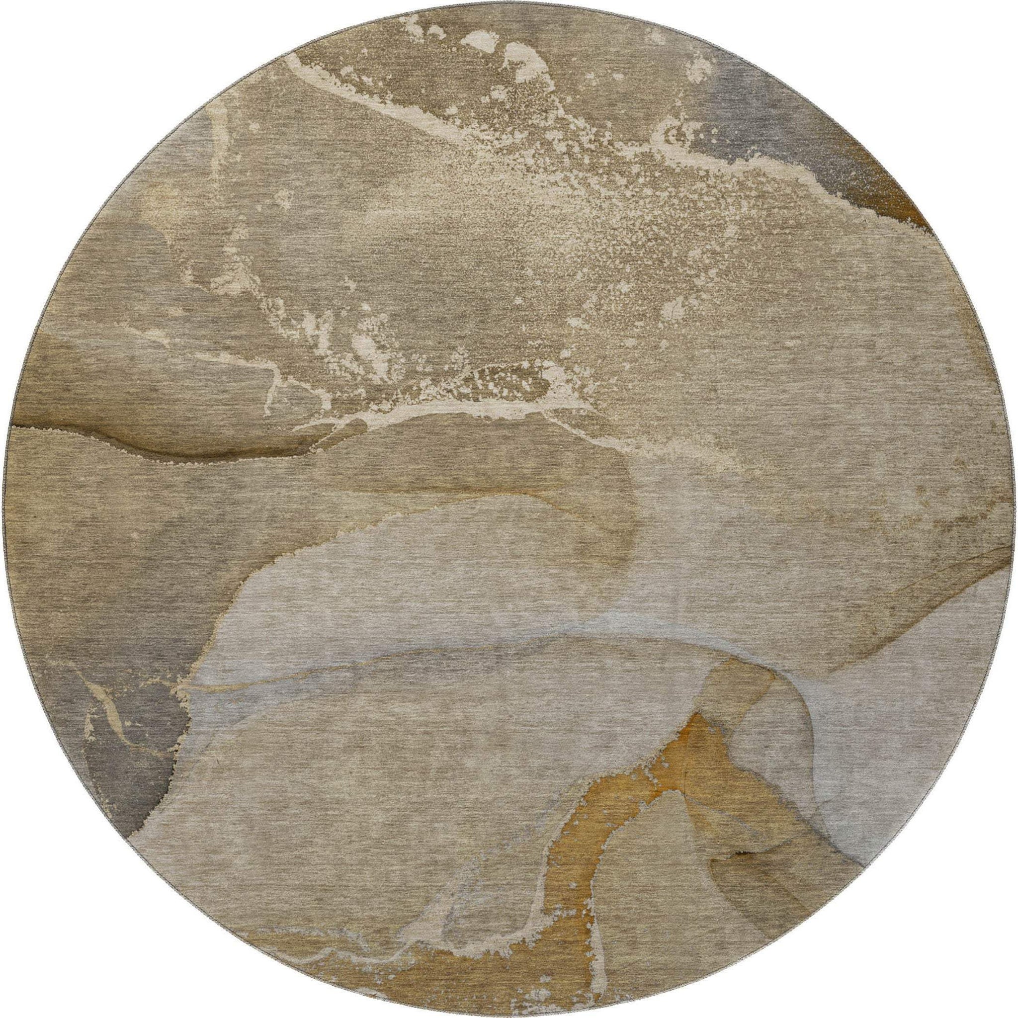8' Brown Gray And Ivory Abstract Washable Round Rug With UV Protection - HomeRoots - Flyclothing LLC