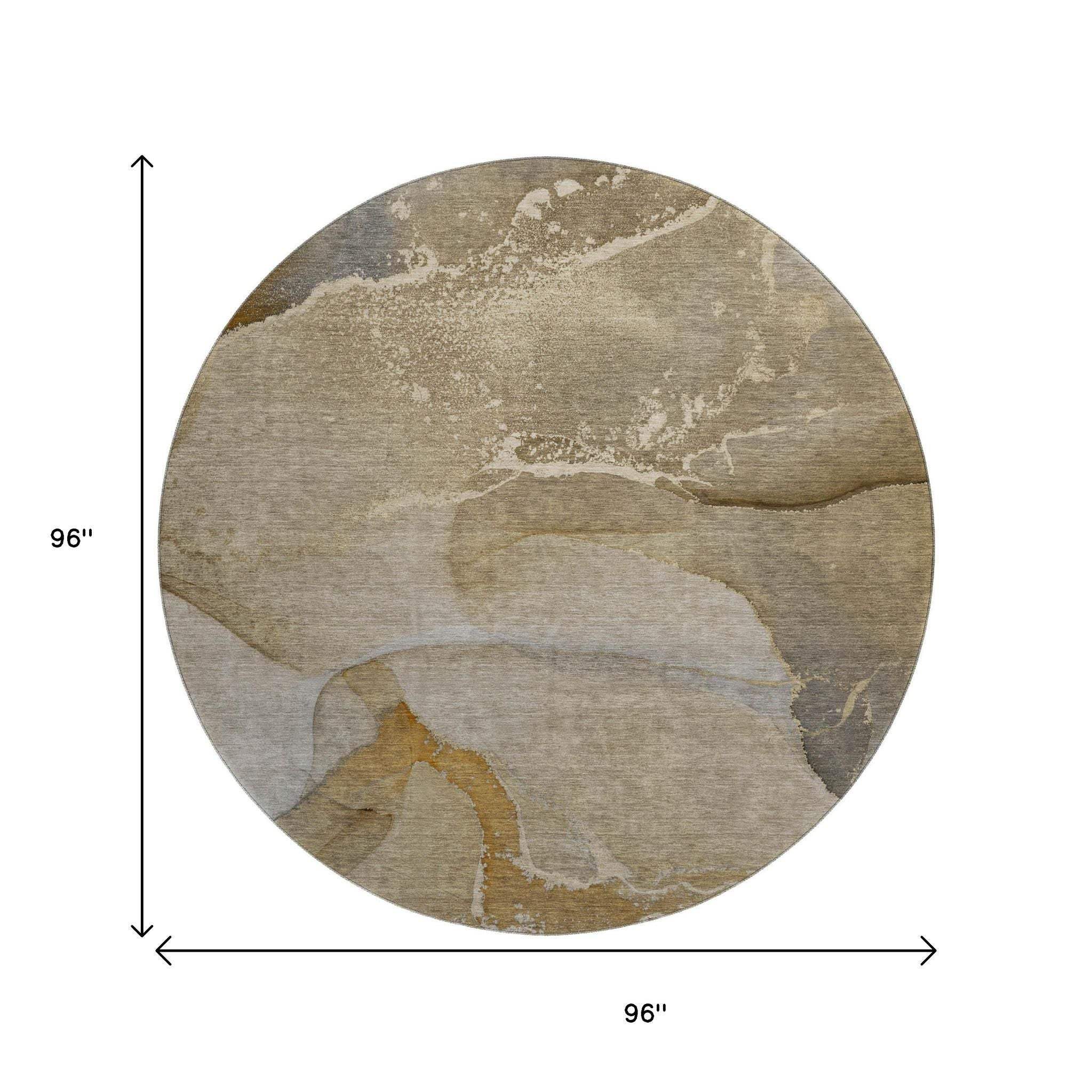 8' Brown Gray And Ivory Abstract Washable Round Rug With UV Protection - HomeRoots - Flyclothing LLC