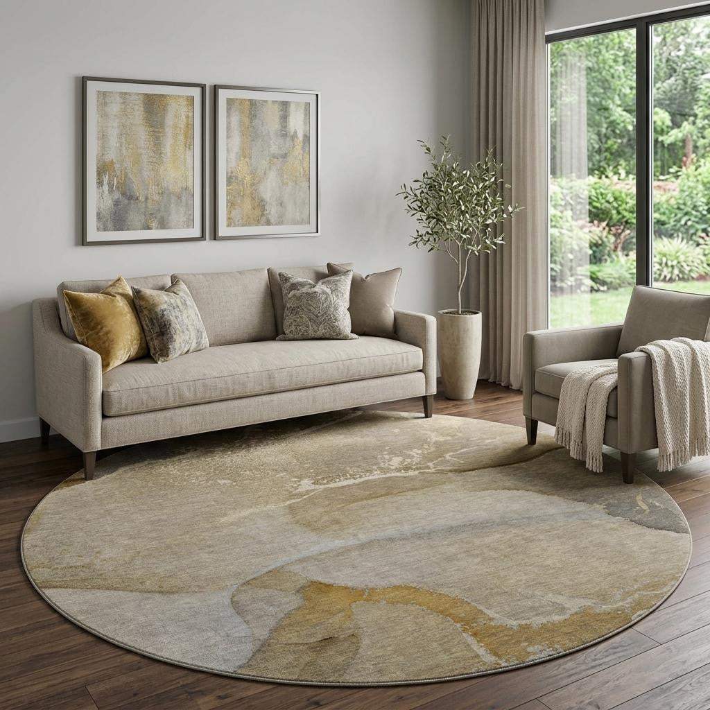 8' Brown Gray And Ivory Abstract Washable Round Rug With UV Protection - HomeRoots - Flyclothing LLC