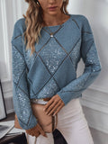 Openwork Round Neck Long Sleeve Knit Top - Trendsi