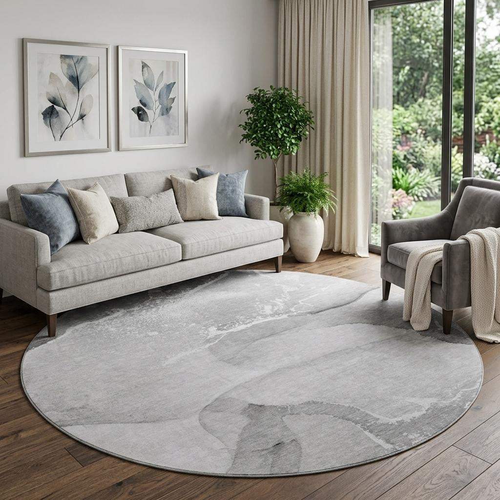 8' Gray And Ivory Abstract Washable Round Rug With UV Protection - HomeRoots - Flyclothing LLC