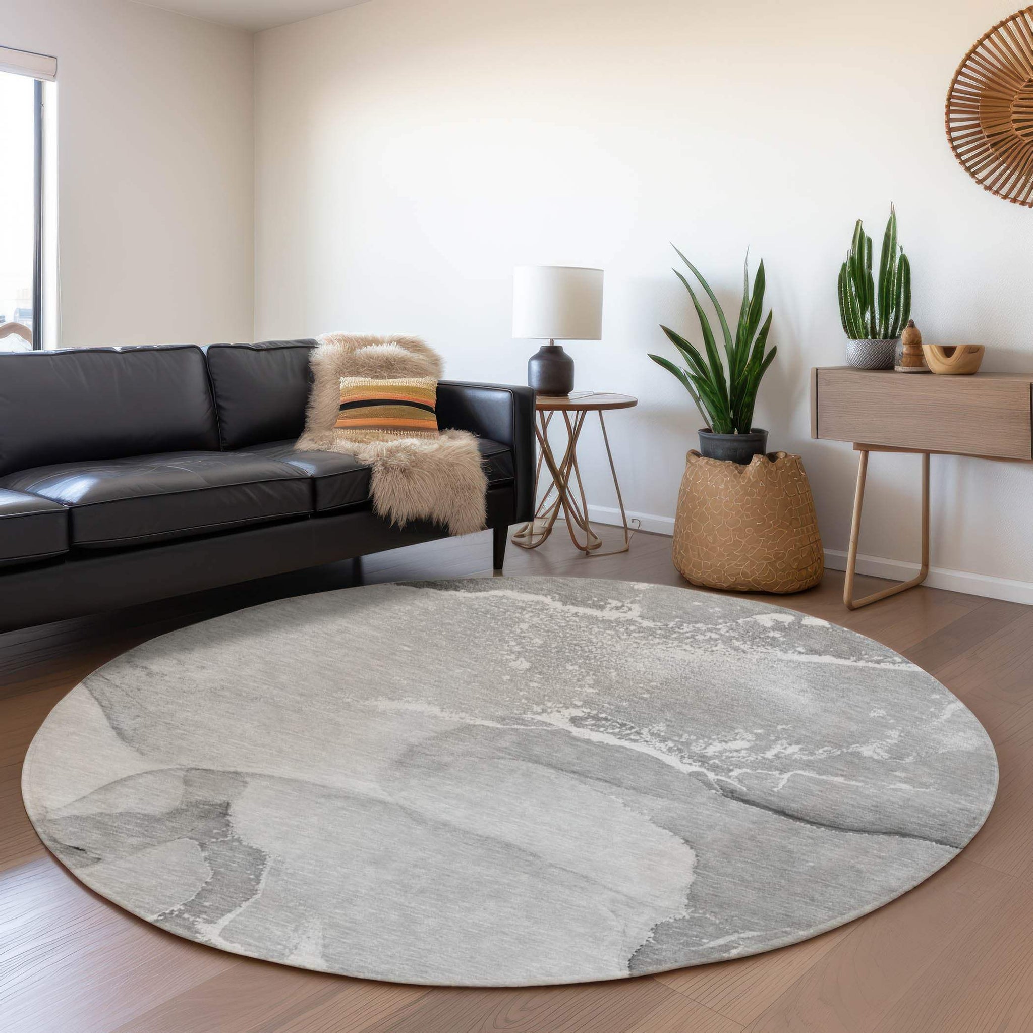 8' Gray And Ivory Abstract Washable Round Rug With UV Protection - HomeRoots - Flyclothing LLC