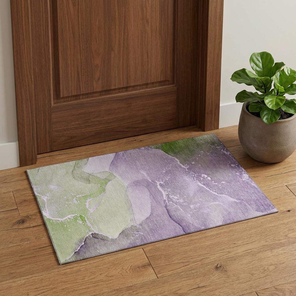 3' X 5' Purple Green And Ivory Abstract Washable Area Rug With UV Protection - HomeRoots - Flyclothing LLC