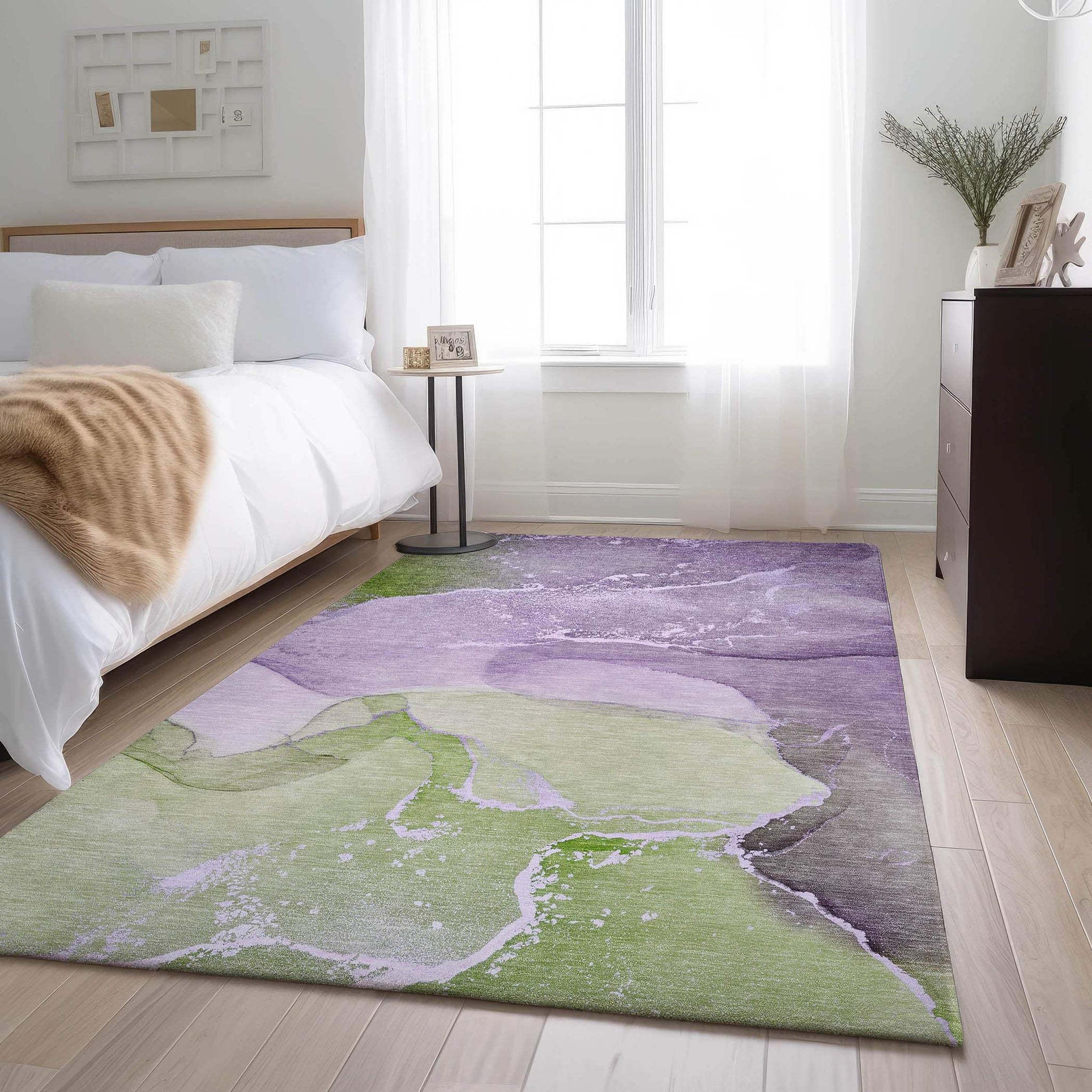 3' X 5' Purple Green And Ivory Abstract Washable Area Rug With UV Protection - HomeRoots - Flyclothing LLC
