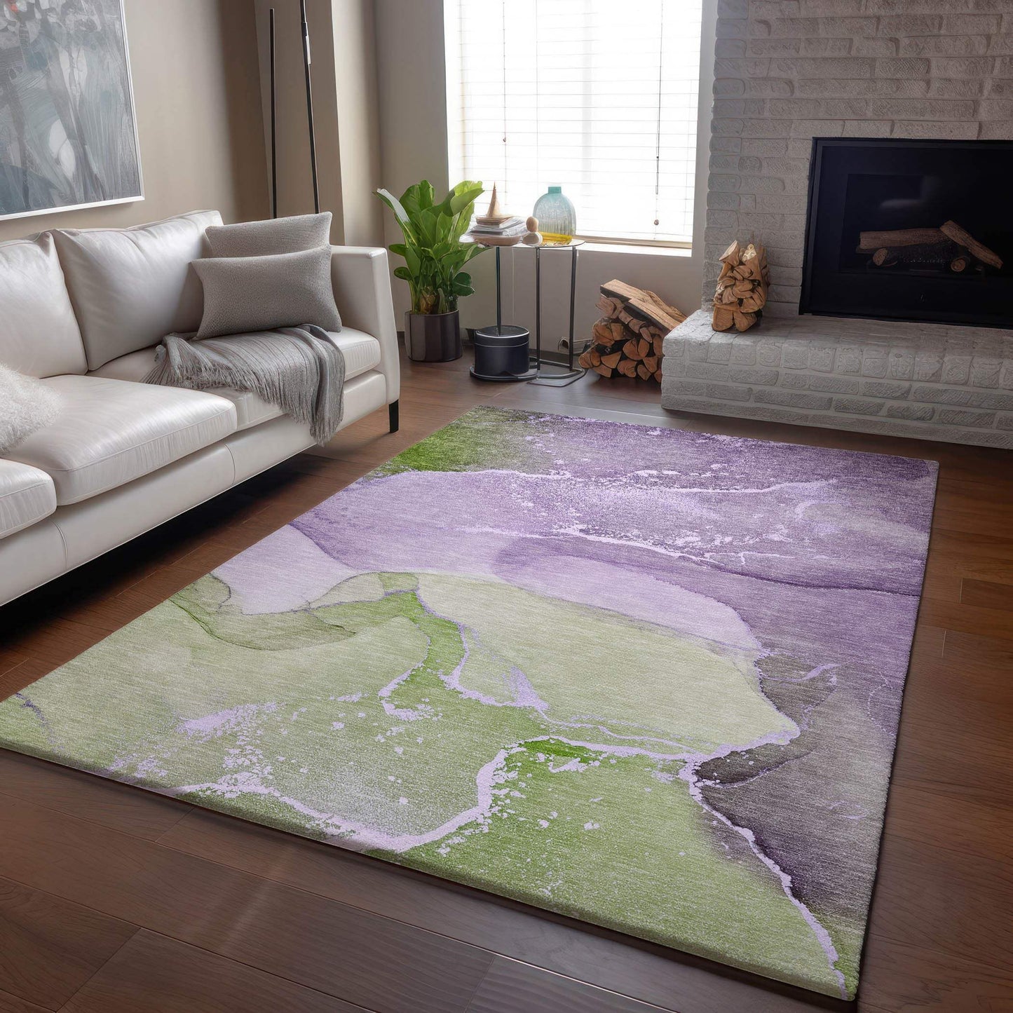 5' X 8' Purple Green And Ivory Abstract Washable Area Rug With UV Protection - HomeRoots - Flyclothing LLC