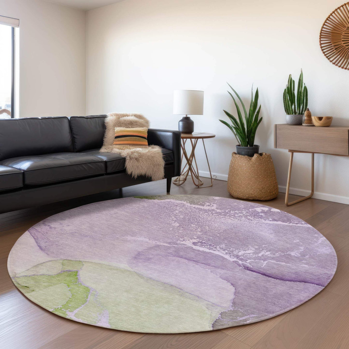 8' Purple Green And Ivory Abstract Washable Round Rug With UV Protection - HomeRoots - Flyclothing LLC