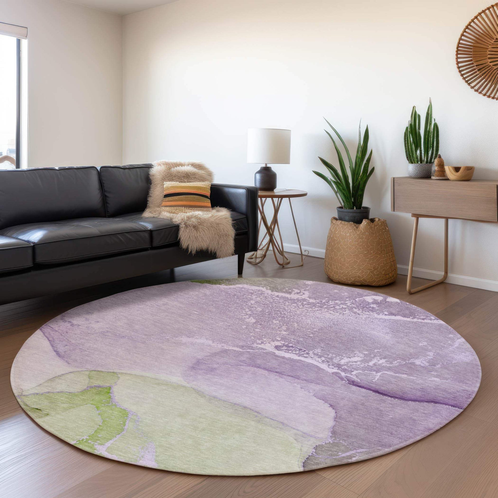 8' Purple Green And Ivory Abstract Washable Round Rug With UV Protection - HomeRoots - Flyclothing LLC