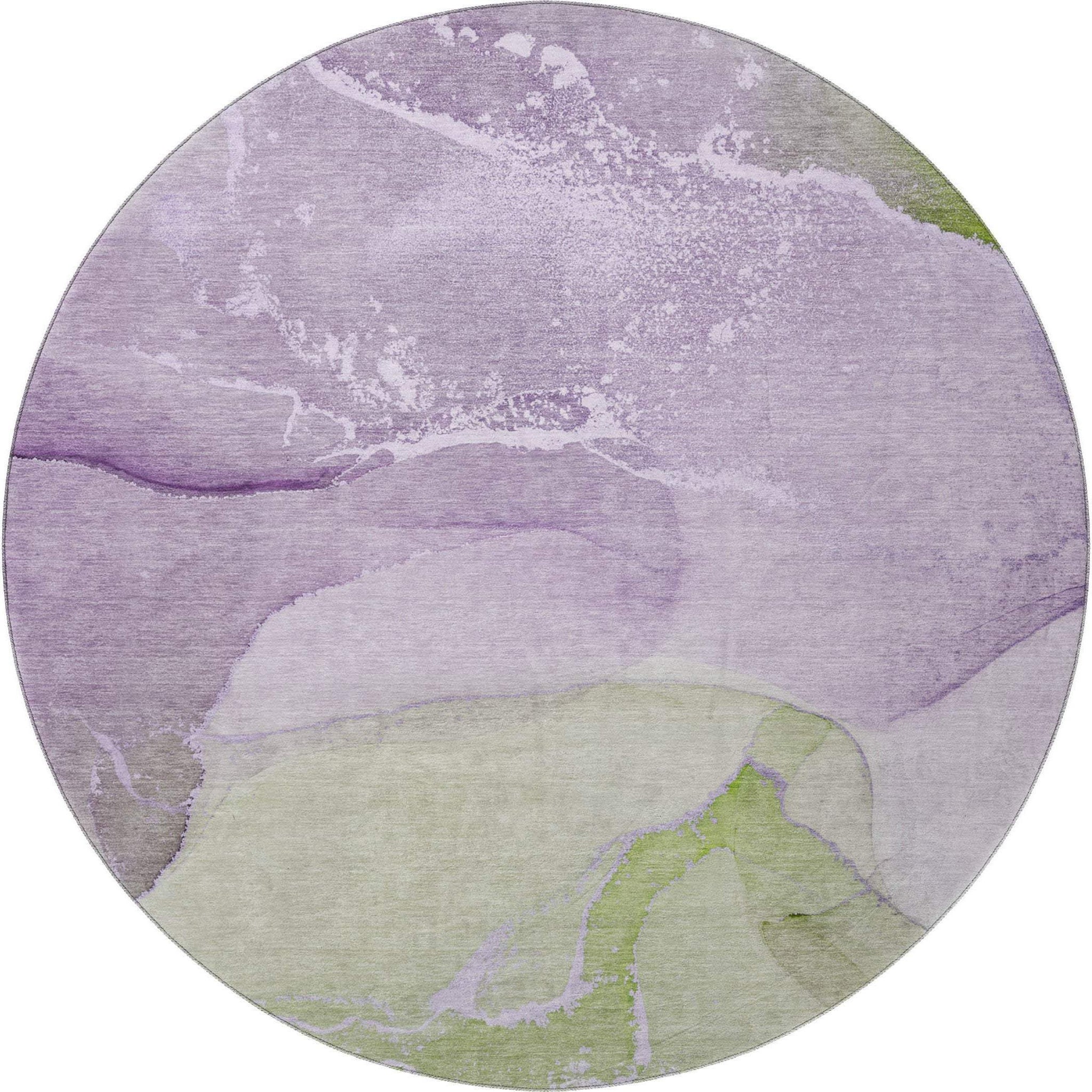 8' Purple Green And Ivory Abstract Washable Round Rug With UV Protection - HomeRoots - Flyclothing LLC