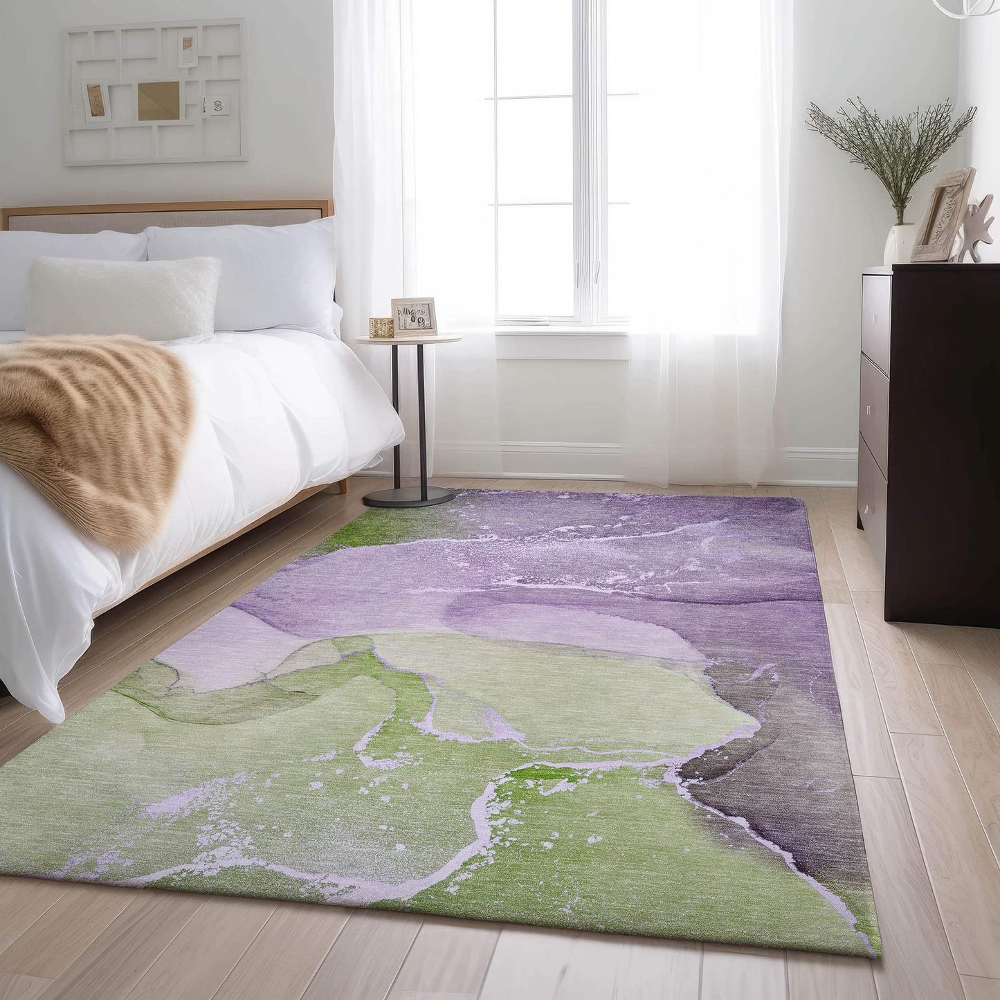 9' X 12' Purple Green And Ivory Abstract Washable Area Rug With UV Protection - HomeRoots - Flyclothing LLC
