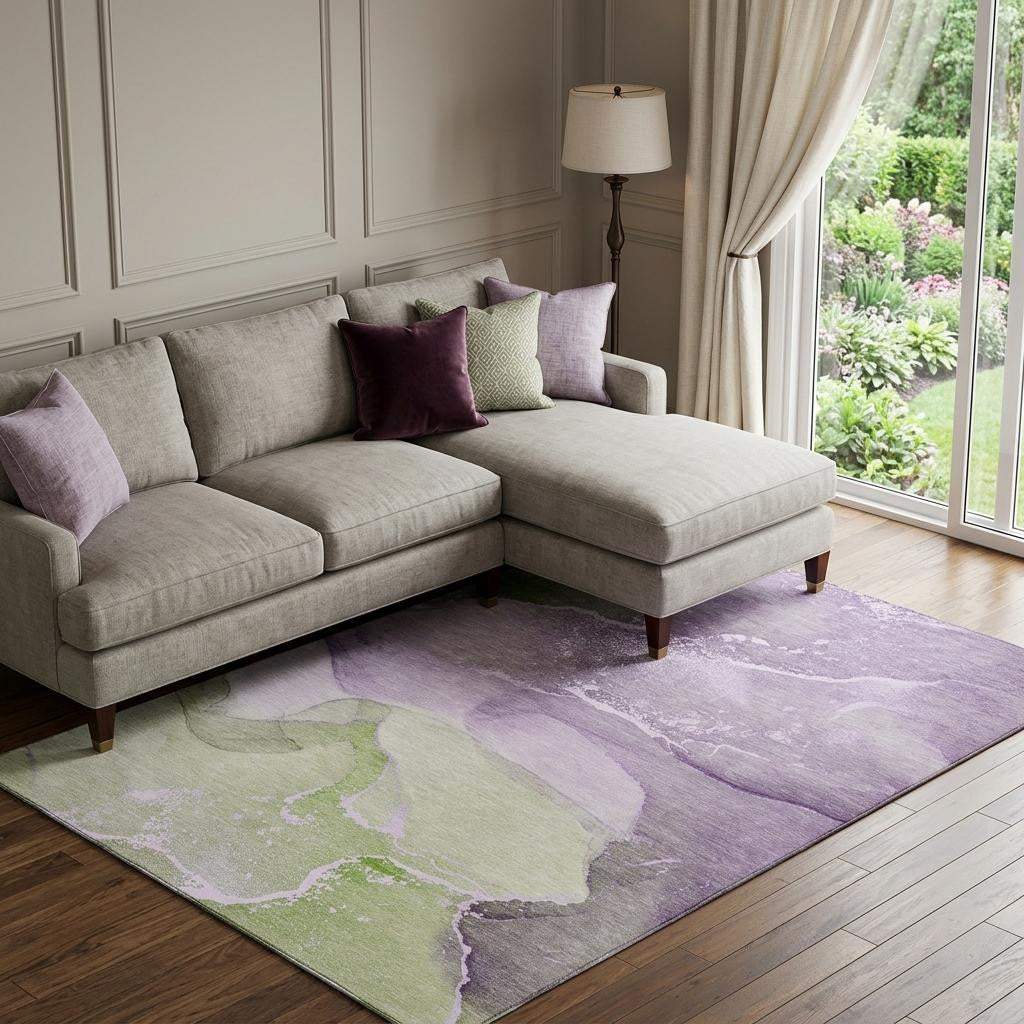 9' X 12' Purple Green And Ivory Abstract Washable Area Rug With UV Protection - HomeRoots - Flyclothing LLC