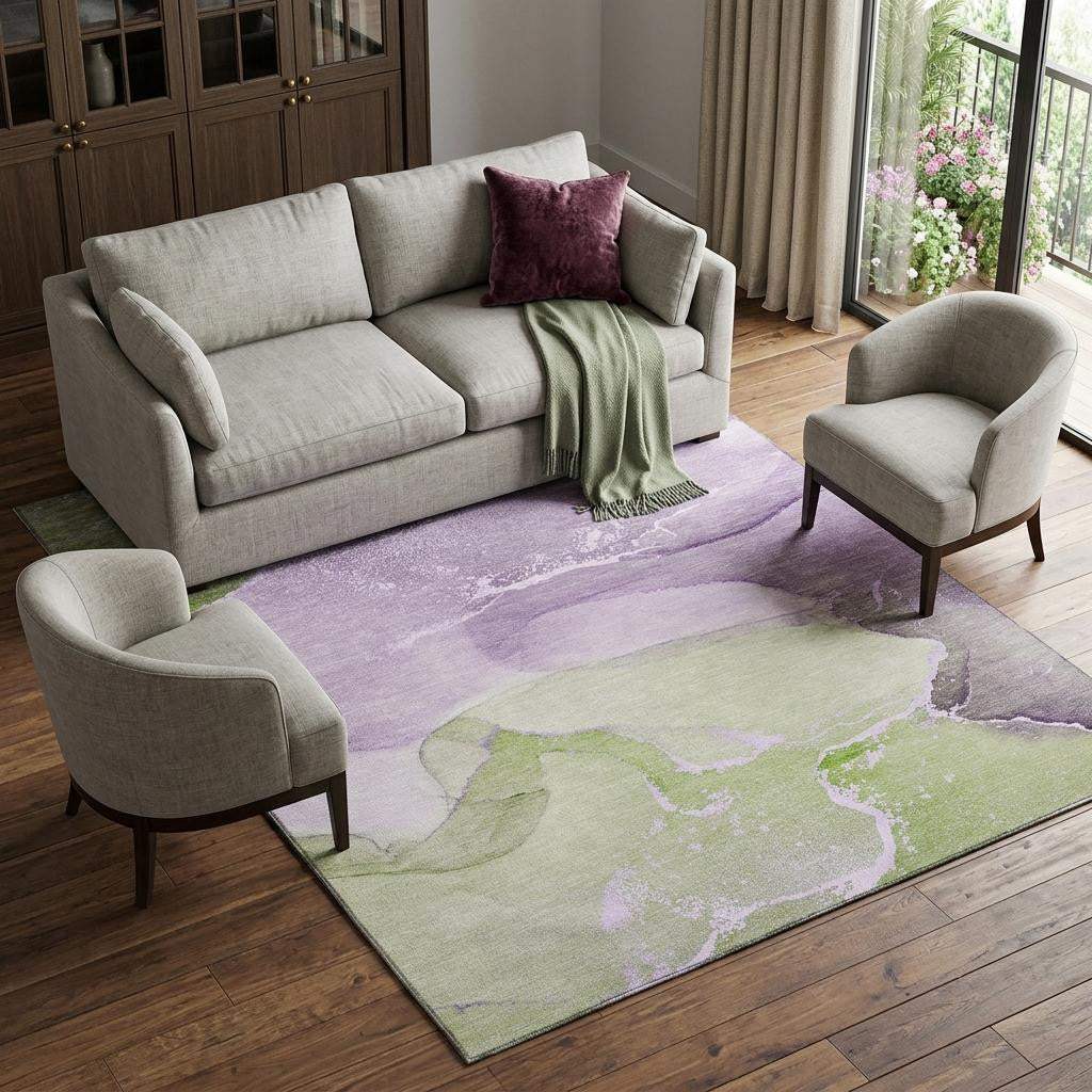 10' X 14' Purple Green And Ivory Abstract Washable Area Rug With UV Protection - HomeRoots - Flyclothing LLC