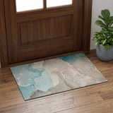 3' X 5' Teal Beige And Ivory Abstract Washable Area Rug With UV Protection - HomeRoots - Flyclothing LLC