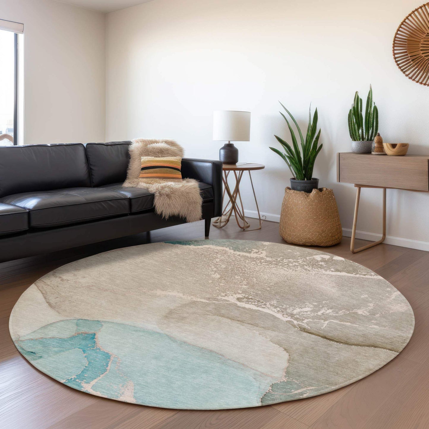 8' Teal Beige And Ivory Abstract Washable Round Rug With UV Protection - HomeRoots - Flyclothing LLC
